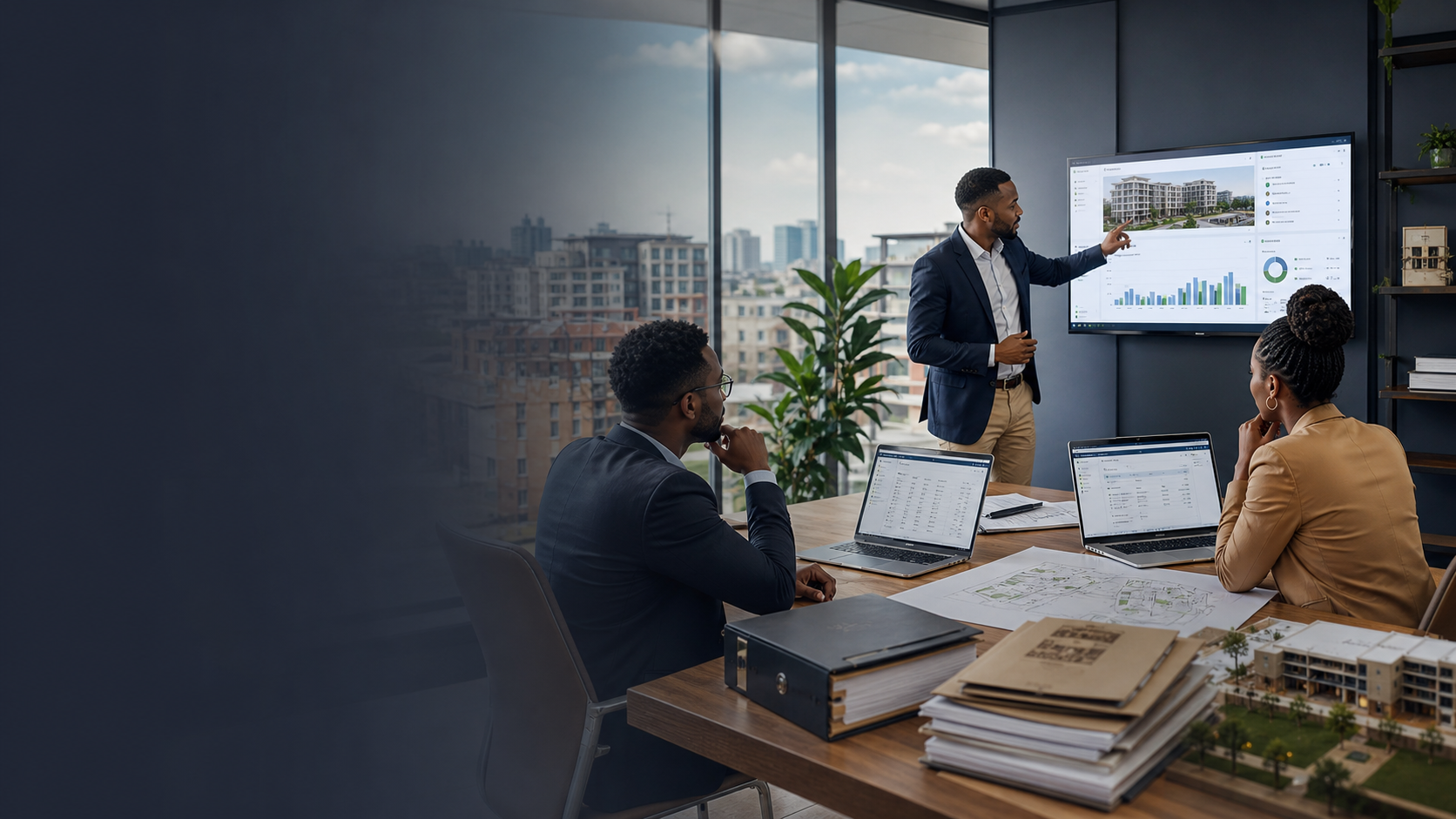 Property managers reviewing real estate operations dashboards